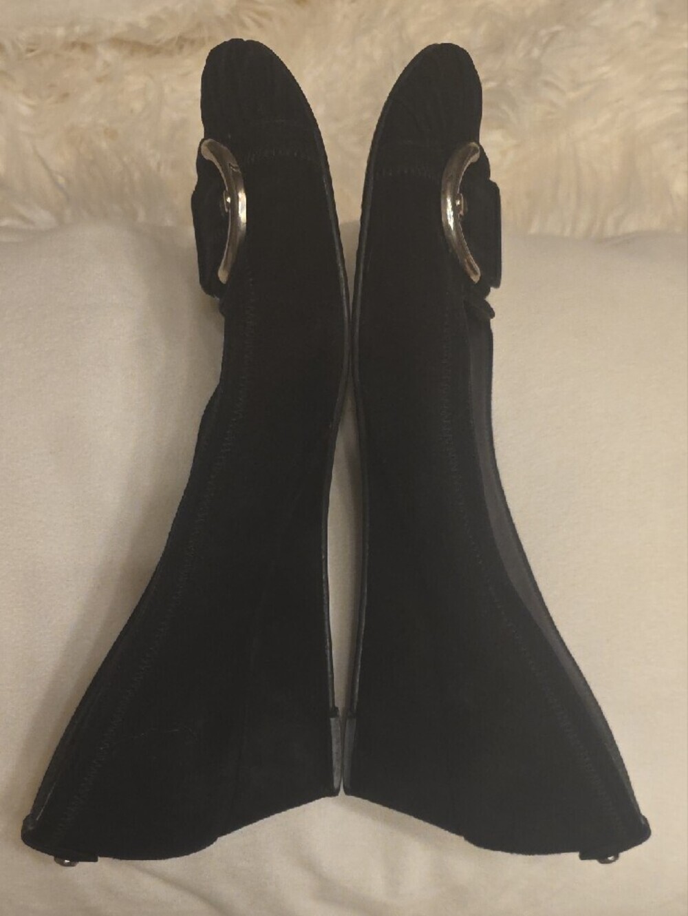 Stuart Weitzman Black Suede Wedge Ballet Flats with Silver Buckle Detail 8.5 - Picture 3 of 11